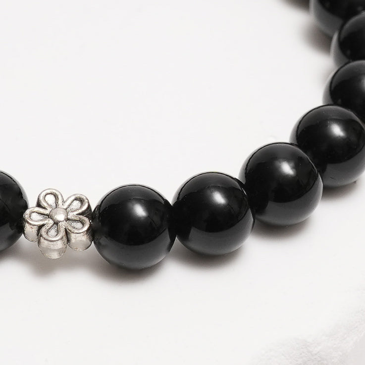 Black Obsidian Bracelet with Sterling Silver Flower Charm