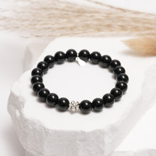 Load image into Gallery viewer, Black Obsidian Bracelet with Sterling Silver Flower Charm