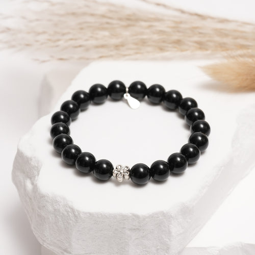 Black Obsidian Bracelet with Sterling Silver Flower Charm