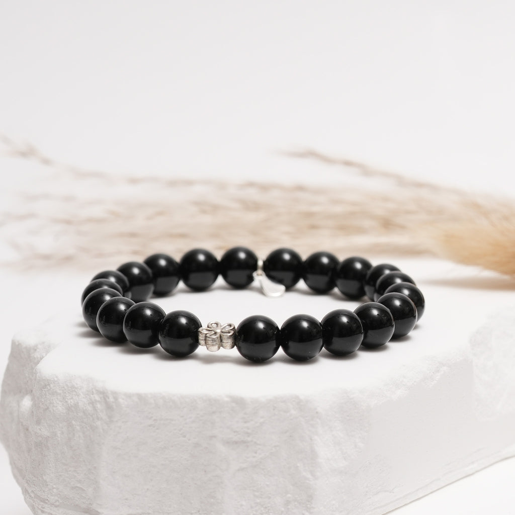 Black Obsidian Bracelet with Sterling Silver Flower Charm